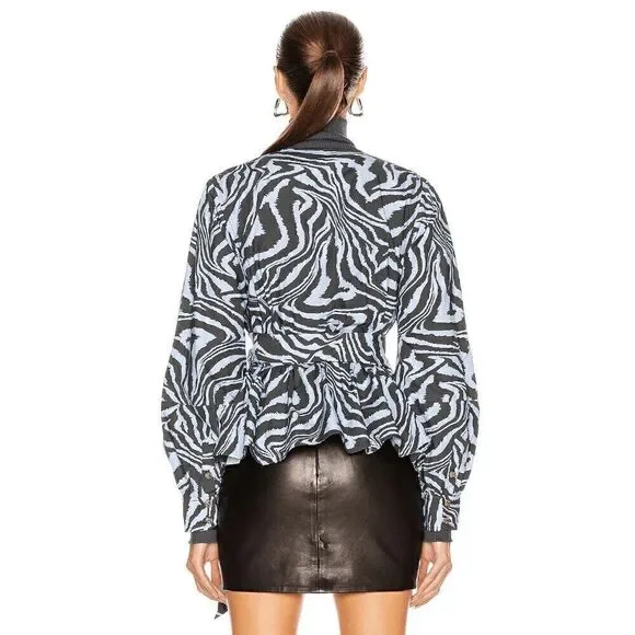 GANNI Printed Cotton Poplin Top In Forever Blue Size 36 - Picture 10 of 12